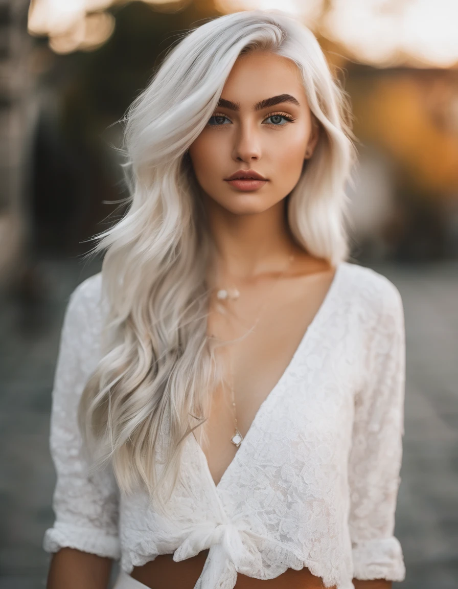 Beautiful 20 year old girl with perfect society body with light platinum hair, wearing a white women's suit with shiny stone embroidery on the sleeves and waistcoat,