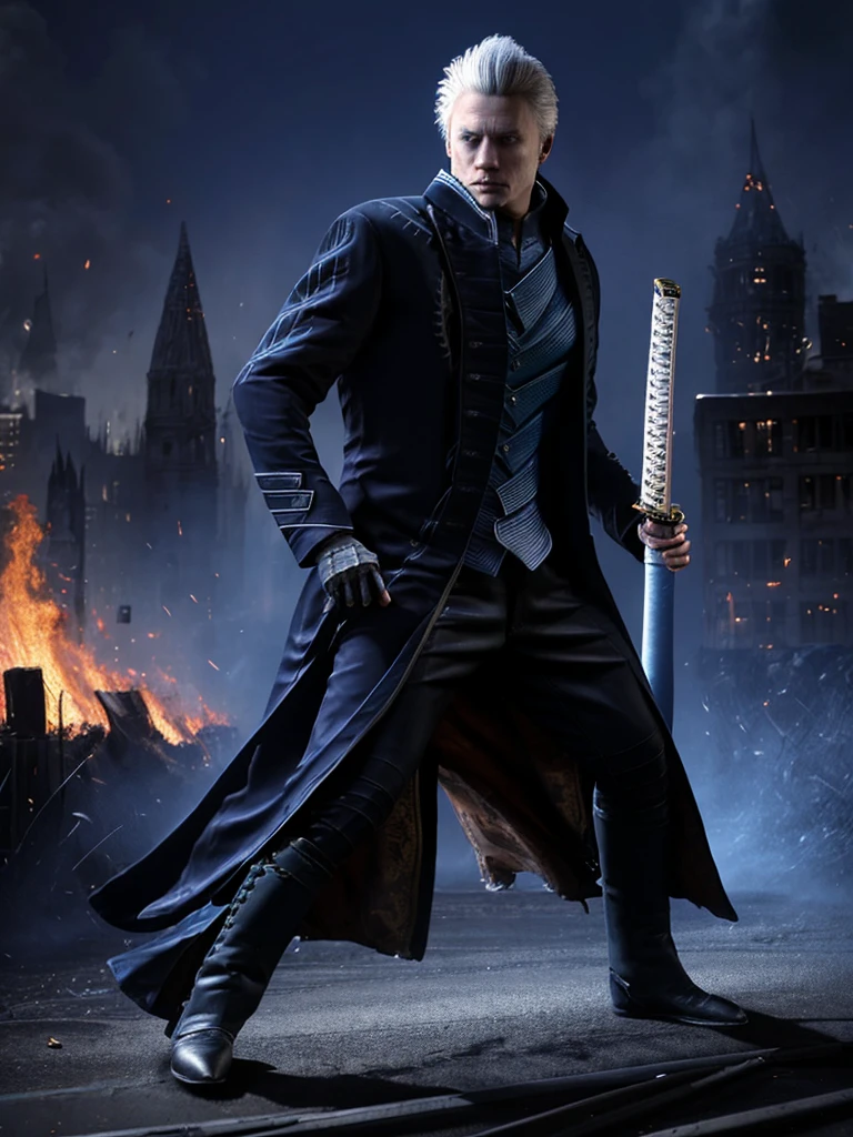 Vergil, blue clothing, robe, katana with white handle, devil may cry, white hair, slick back, blue eyes, cold stare, holding katana, detailed, realistic, dynamic pose, swinging katana, facing viewer, fight scene, running, detailed background, destroyed city, fire