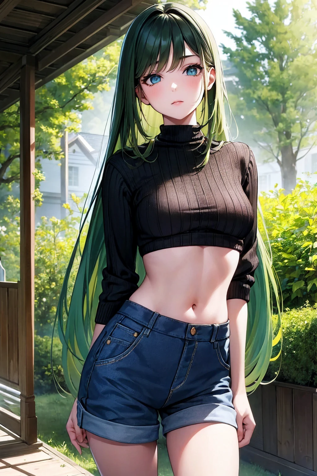 Masterpiece,stunning realistic, best quality, sharpness, 1 girl,16 years old,middle long hair,(green hair:1),(messy hair:1),dark blue eyes,(arms behind back:1),standing in a garden,cropped knitted sweater,dolphin shorts,middle large breasts,sixpack,small waist