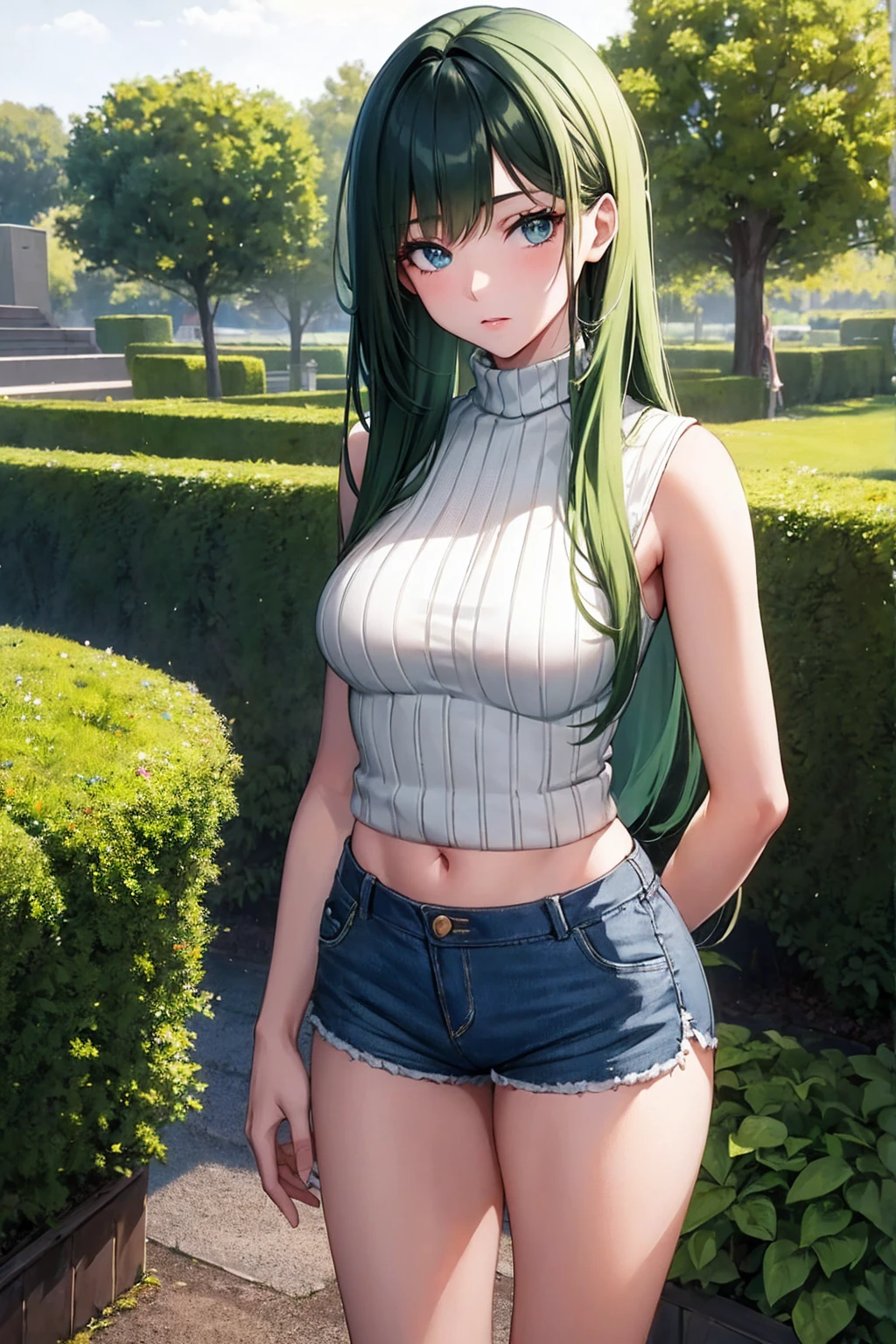 Masterpiece,stunning realistic, best quality, sharpness, 1 girl,16 years old,middle long hair,(green hair:1),(messy hair:1),dark blue eyes,(arms behind back:1),standing in a garden,cropped knitted sweater,dolphin shorts,middle large breasts,sixpack,small waist