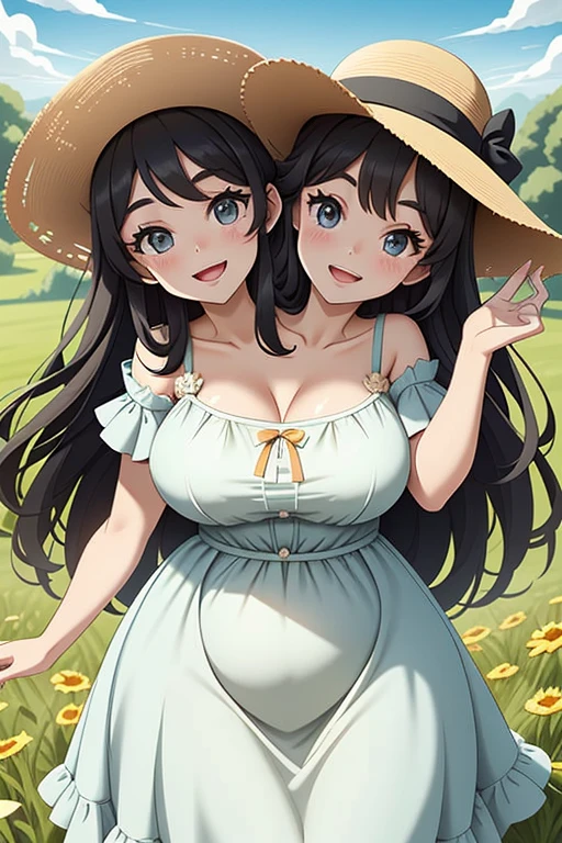 2heads, a tall chubby woman with 2 heads. She is wearing a sundress. She is in a sunny field. She is wearing a hat. She is smiling. Taking a selfie, selfie POV.