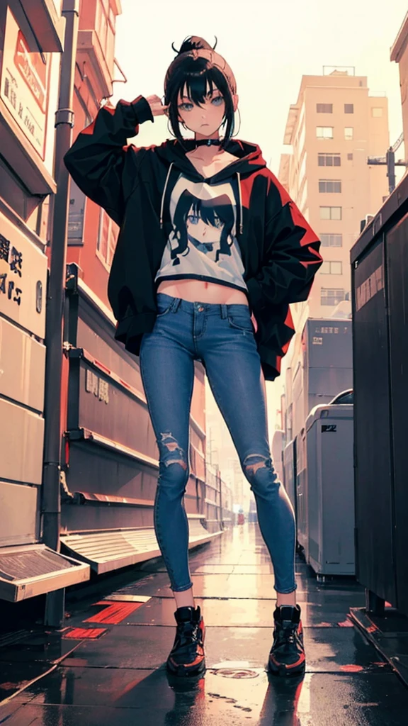 1girl, anime style, skinny body, Anime young girl wearing black hoodie, skinny jeans pants, black hair, grey blue eyes colour, pose picture of her, detailed, 8k, high quality, Ishimi Yokoyama.