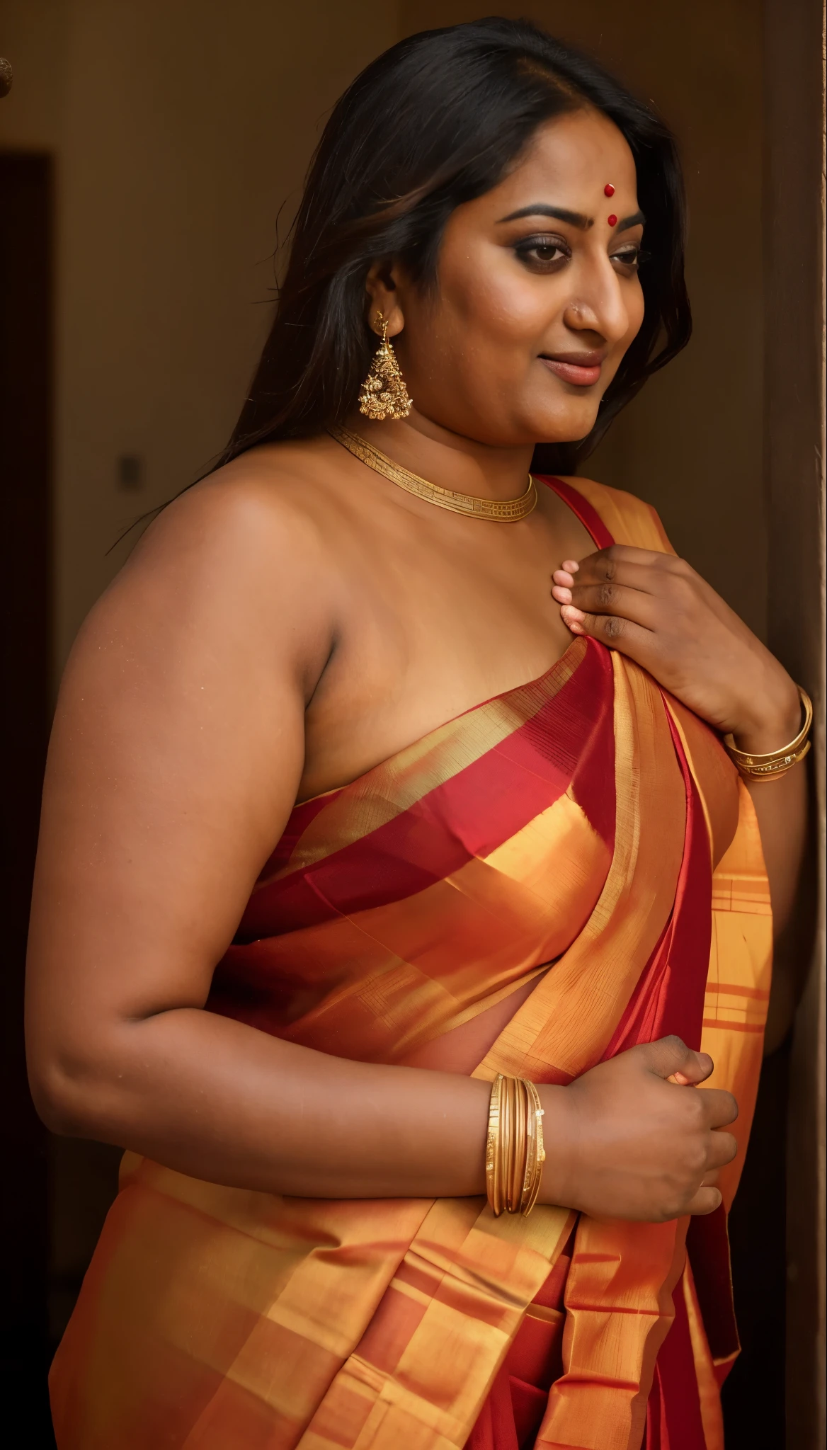 Foto RAW, photorealistic, photography, full body shot, 50 years old Woman, master shot, perfect eyes, goddess like beauty, pierced eyes, perfect thick chubby mallu Desi aunty bhabhi, Wearing a Stanapatta, a chest-band.Saree model, model Photography, Indian saree shoot, Indian traditional wear advertising photography, traditional wear brand shoot, face of Indian actress Sonakshi Sinha, masterpiece, realistic, realism, incredible details, pleasure, photorealism, detailed skin, skin pores, high contrast, photorealistic Artstation 8k HD digital art trend of high definition and detailed realistic skin texture, ultra detail, realistic skin texture, armature, best quality, ultra high definition, (photorealistic:1.4),, high resolution, detail, raw photo, sweat, Re sharp, by Lee Jefferies Nikon D850 Film Stock Photo 4 Kodak Portra 400 Camera F1.6 Lens Rich Color Ultra Real Realistic Realistic Textures Dramatic Lighting Unreal Engine Trending at Art Station Cinestill 800,(pele altamente detalhada: 1.2), 8k UHD, DSLR, soft-lighting, alta qualidade, grain of film, Fujifilm XT3,she didn't like to wear blouse or bra, she is happy to wear only saree, she hates blouse or bra, detailed hairy armpits, hyper realistic skin, skin pores, sweat, veins, short hairs on armpit, stubble armpits, hyper realistic hairy armpits, low waist saree,