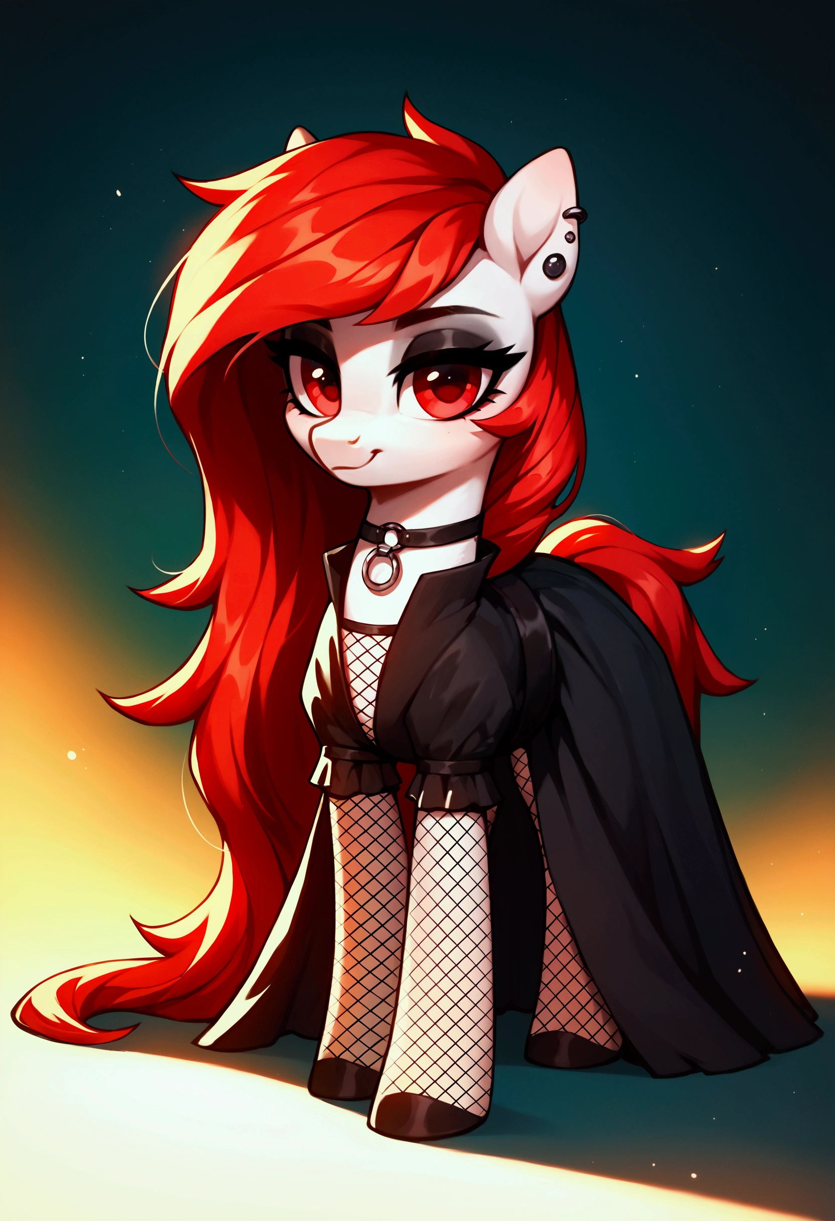 score_9,score_8_up,score_7_up,score_6_up, ((my little pony)), radiant lighting, vibrant colors, whimsical atmosphere, 8K, high resolution, highly detailed, masterpiece, white body, goth style, very long red hair, red eyes, fishnet stockings, dress