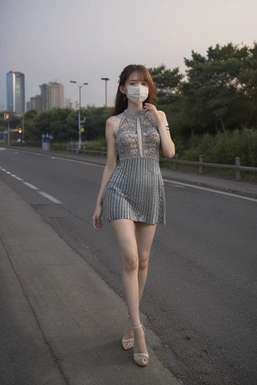 ((original photography:1.2)),RAW photos,Night view of Beijing,1 Girl, Perfect body,Full body portrait,Fashion的头发, Very curly hair, delicate eyes, Side Light, Sweating,With a mask, Medium breasts,Fashion的彩色連衣裙,(intricate dress、Fashion、embroidery、stripe、pattern、Fashion、Hollow),Long slender legs