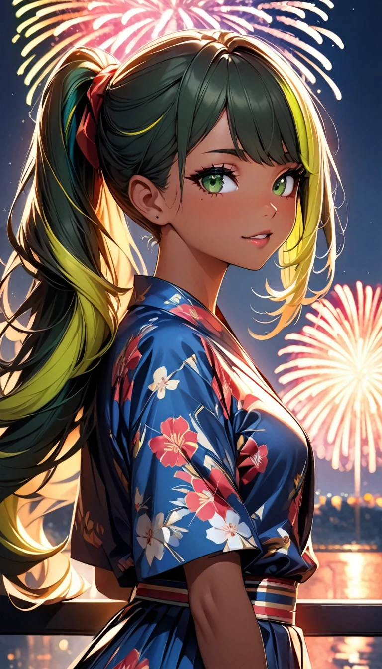 (highest quality:1.2, Very detailed, up to date, Vibrant, Ultra-high resolution, High Contrast, masterpiece:1.2, highest quality, Best aesthetics), Portraiture、girl、(slim:1), 25 years old, Bright colors、Beautiful fine details、Beautiful lip detail、long hair、ponytail, white and yellow green ((streaked hair:1.6)), highlights hair: 1.5, (small breast,:1) (tan skin:1.1), floral pattern yukata, fireworks venue, cowboy shot,