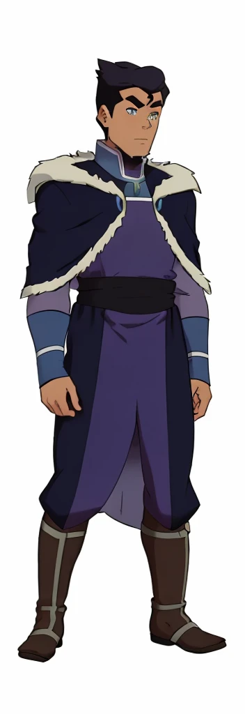African-American, Bolin, water tribe traditional clothing mixed of blue and purple, with fur in shoulders and neck. Long sleeve, skinny, water tribe outfit. A dark blue or black high-collared sleeveless robe or tunic
A purple tabard or overtunic with lighter purple trim
A white fur-trimmed cape or cloak over the shoulders, fastened with a metal clasp
Black pants or leggings
Black boots that come up to just below the knee
A dark wristband or bracelet on one wrist
The character has dark skin, short black hair, and a serious expression. The outfit appears to be a mix of formal and practical styles, possibly indicating a character of some authority or importance in an animated series or film. The color scheme is primarily dark blues, purples, and black, with the white fur trim providing contrast.