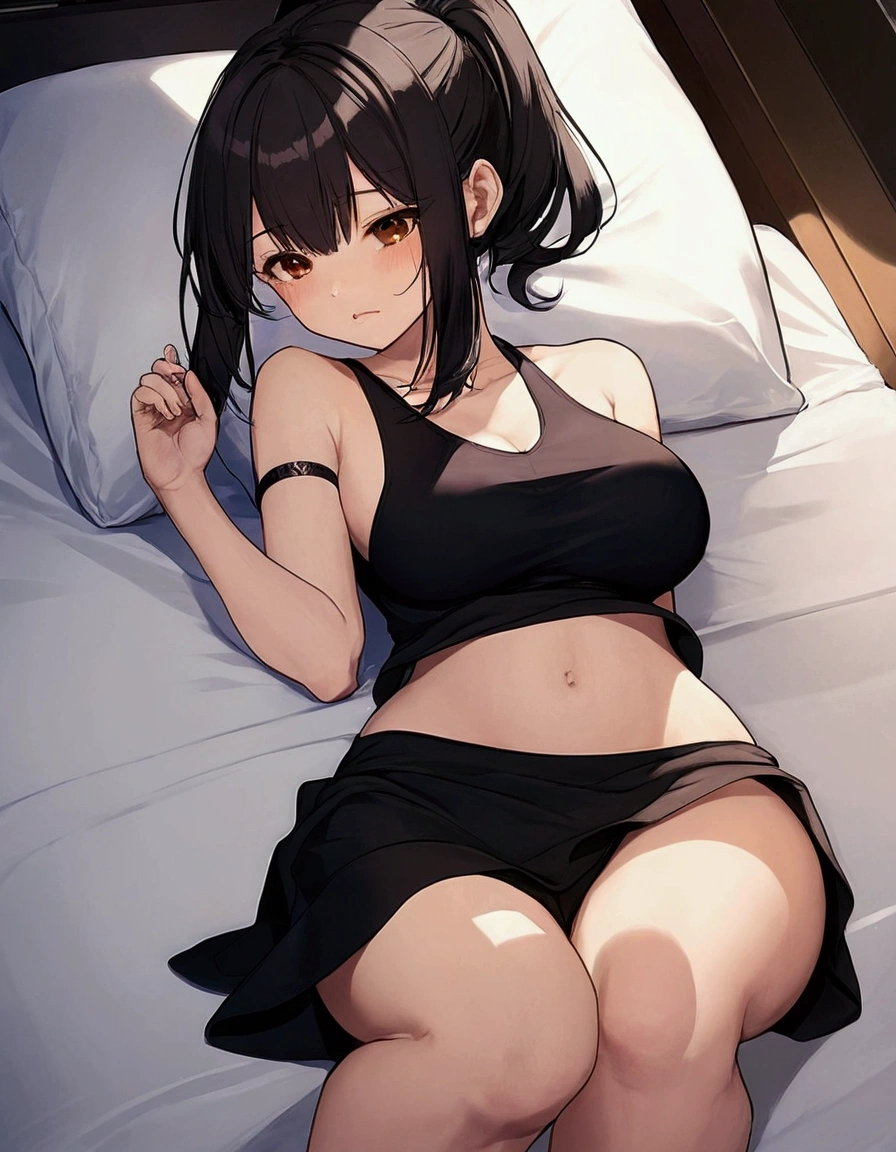 NSFW 全身図 黒いて男性と縦縞黒いNo sleeveシャツ:1.3 1 female 1 male、Sex:1.3 On a white bed In an apartment room Excitement Sweat Redness Feels good), (Night, dark room, apartment room, lying on a white bed, troubled face, crying face, sexy)、 No sleeve、(Black hair, medium length, ponytail, straight hair, bangs swept to the side:1.9 Slanted eyes Brown eyes Tall Big breasts Strong Beautiful Cute) 、 細身の筋肉質の男とのSex
