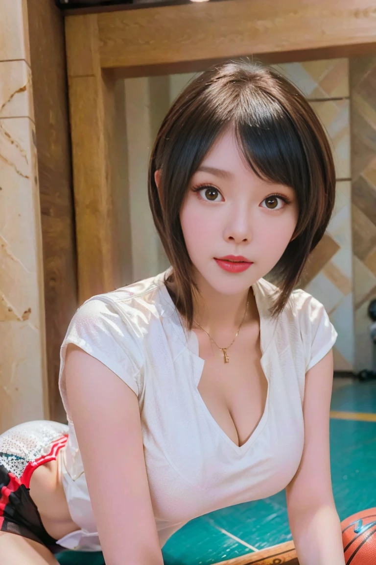 (original photo,4K,masterpiece,High resolution,very complicated)(Reality地:1.4),Exquisite girls in movies illuminate facial features 1 Girls, single focus, Full body portrait,Summer noon, play basketball,Basketball pose,Thermal Imaging, 1990s\(style\),White skin,(Big breasts,Cleavage), (best quality), (High resolution), (Extremely refined),,(Beautiful 8k face),(Brown eyes),(ulzzang-6500:1.0),(Large Breasts),(north african trade zone),(Basketball sportswear),((play basketball)),((Gym)),((speed)),(Reality),(No:1.5), closeup Cleavage, masterpiece, best quality, RAW photos, Reality地, Face, Extremely ridiculous resource, butigal, Cute, Short and delicate hair, Depth of Field, High resolution, Super detailed, Fine details, Very detailed, Extremely detailed eyes and face, sharp pupils, 學生Reality, Focus, movie lighting