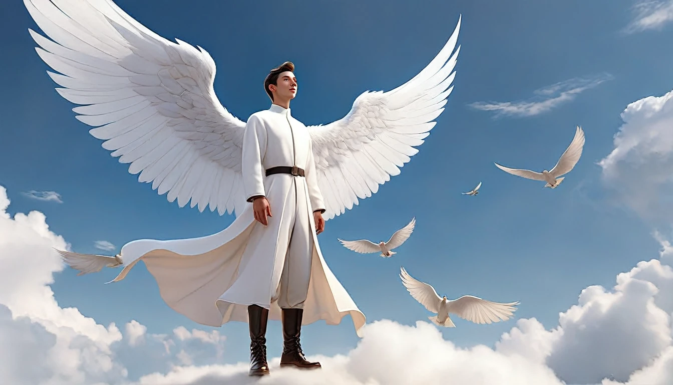 Man dressed in white and with wings over the sky