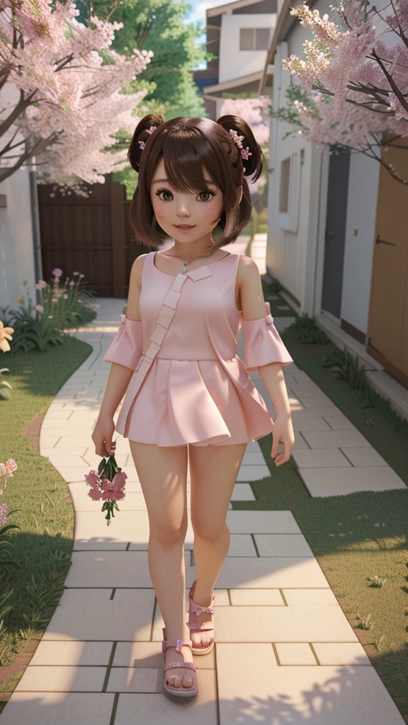 There is a naked 8 ******** girl walking along a path with many flowers,mini cute  walking, hyperrealistic adventure rendering, 3d realistic anime style, beautiful 3d render, Realistic 3D anime, render of a cute undressed anime 3d girl, 3D 8k rendering character art, photorealistic render of 8 ******** anime girl, anime style 3d, cute detailed digital art