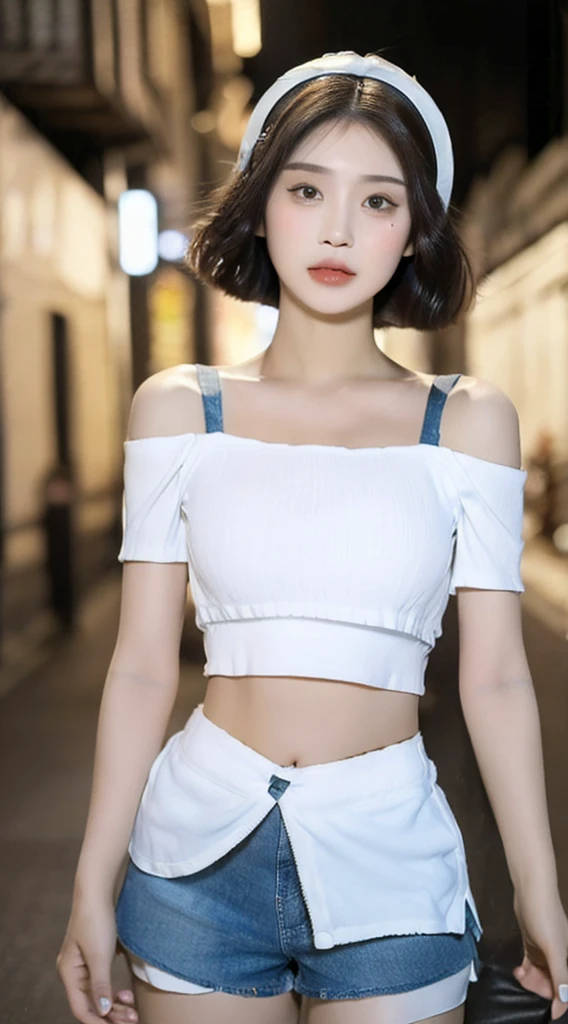 ((Best Quality, 8K, Masterpiece: 1.3)), (Flower Cap: 1.3), Focus: 1.2, Perfect Body Beauty: 1.4, Buttocks: 1.2, (Layered Haircut: 1.2)), (Dark Street: 1.3), Highly Detailed Face and Skin Texture, Full Body, Delicate Eyes, Double Eyelids, Whitened Skin, Long Hair, (Round Face: 1.5), (Loose Crop Top, Shorts: 1.6)