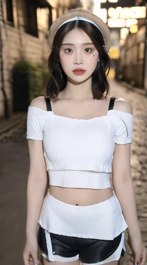 ((Best Quality, 8K, Masterpiece: 1.3)), (Flower Cap: 1.3), Focus: 1.2, Perfect Body Beauty: 1.4, Buttocks: 1.2, (Layered Haircut: 1.2)), (Dark Street: 1.3), Highly Detailed Face and Skin Texture, Full Body, Delicate Eyes, Double Eyelids, Whitened Skin, Long Hair, (Round Face: 1.5), (Loose Crop Top, Shorts: 1.6)