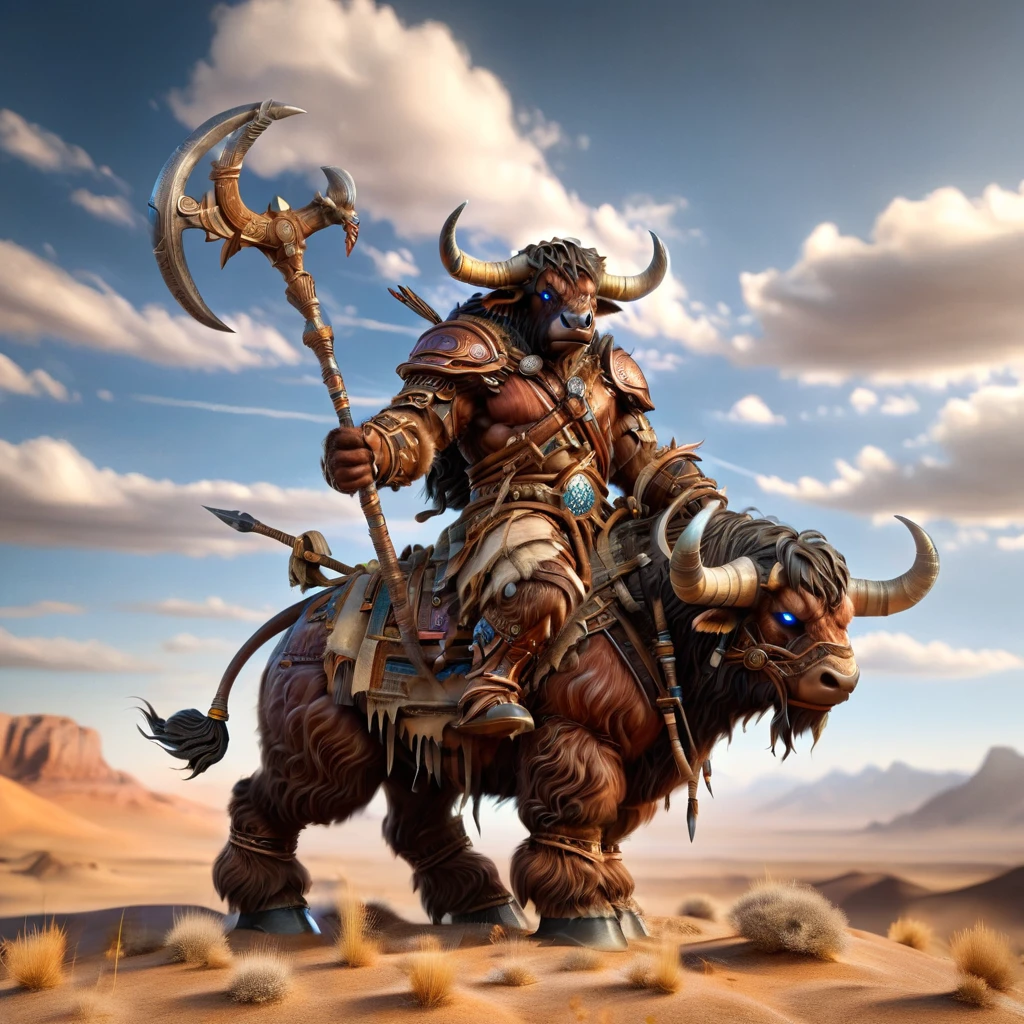 tauren, tauren mount, macho tauren, Tauren riding on the back of a horned mount, holding a spear, gazing at viewer, in the open desert, clouds in the sky, Wearing leather armor, mount Wearing leather armor, blue-eyed mount, hooves, traditional taurne equipment 