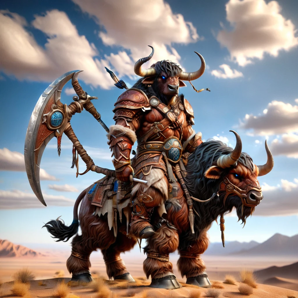 tauren, tauren mount, macho tauren, Tauren riding on the back of a horned mount, holding a spear, gazing at viewer, in the open desert, clouds in the sky, Wearing leather armor, mount Wearing leather armor, blue-eyed mount, hooves, traditional taurne equipment 