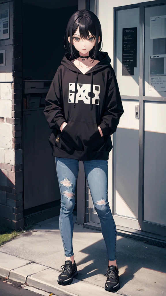 1girl, anime style, skinny body, Anime young girl wearing black hoodie, skinny jeans pants, black hair, grey blue eyes colour, pose picture of her, detailed, 8k, high quality, Ishimi Yokoyama.