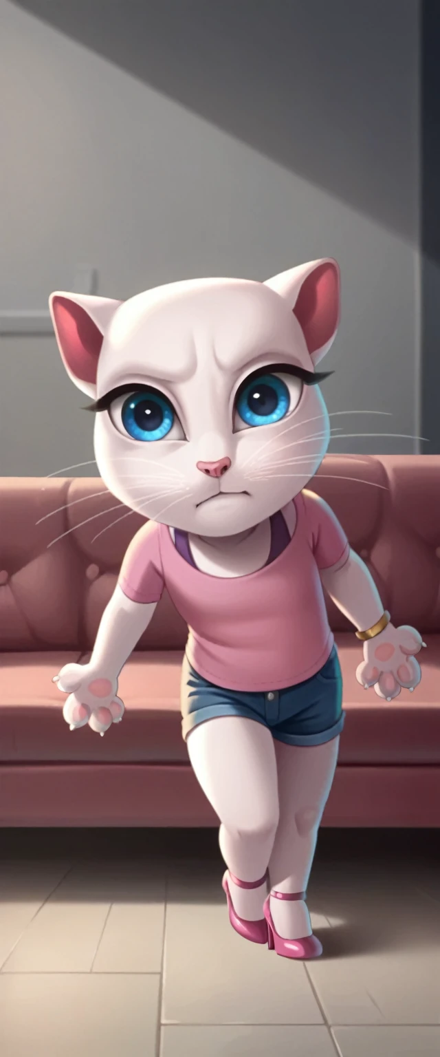 solo focus, a_la, 1girl, cat, white fur, long whiskers on both sides of her face, big bright blue eyes, big black eyelashes, pink nose, triangular ears with pink channels, high heels. The short jeans were ripped all the way down. 1 girl on the couch legs up in the air