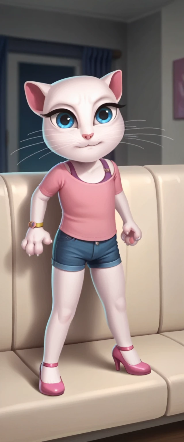 

solo focus, a_la, 1girl, cat, white fur, long whiskers on both sides of her face, big bright blue eyes, big black eyelashes, pink nose, triangular ears with pink channels, high heels.  The short jeans were ripped all the way down.   1 girl on the couch legs up in the air