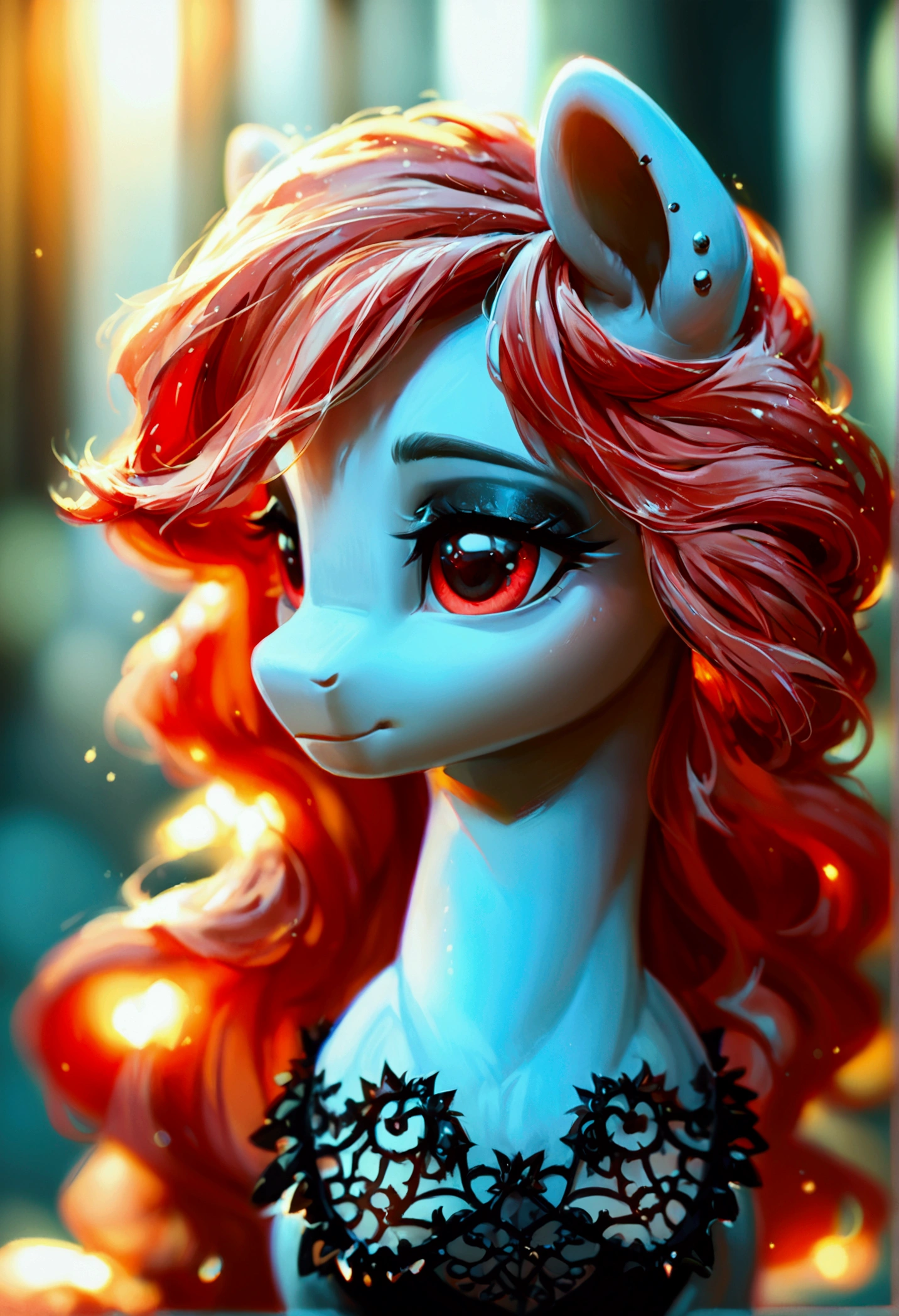 score_9,score_8_up,score_7_up,score_6_up, ((my little pony)), radiant lighting, vibrant colors, whimsical atmosphere, 8K, high resolution, highly detailed, masterpiece, white body, goth style, very long red hair, red eyes, fishnet stockings, dress
