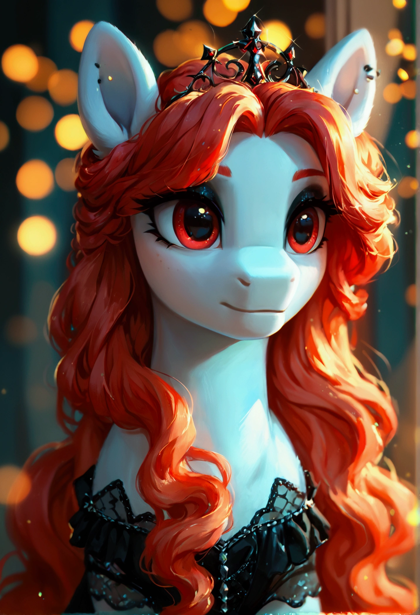 score_9,score_8_up,score_7_up,score_6_up, ((my little pony)), radiant lighting, vibrant colors, whimsical atmosphere, 8K, high resolution, highly detailed, masterpiece, white body, goth style, very long red hair, red eyes, fishnet stockings, dress