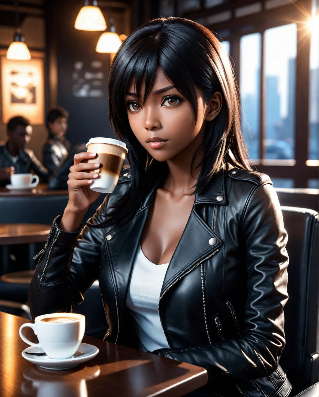 hight contrast,
dynamic lighting, anime art style, cinematic lense,
dark skin gir, black straight hair, black leather jacket, sit on coffee , holding a cup of coffee, backlight, lens flare, semi realistic,
(masterpiece:1.2),(best quality:1.2),(very aesthetic:1.2),(absurdres:1.2),newest,intricate details,