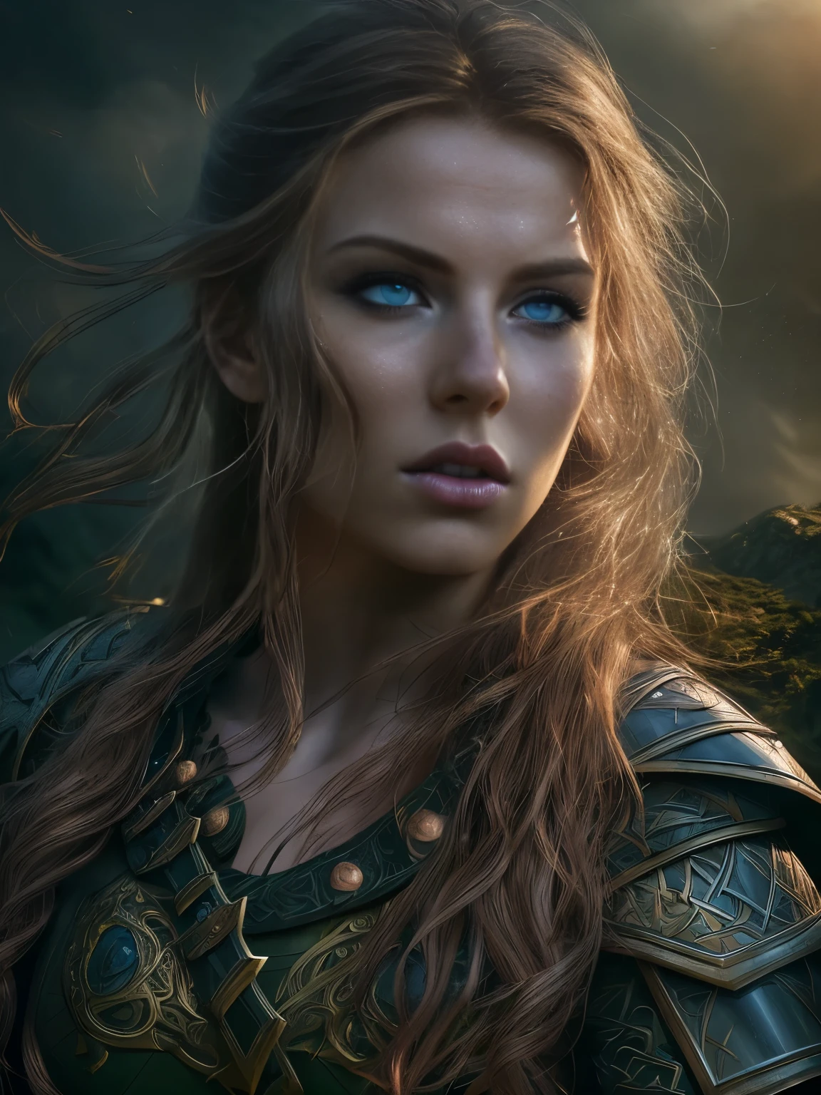 a gorgeous young european woman, celtic warrior, in battle, detailed face with beautiful eyes, nose, and lips, flowing hair, detailed armor and weapons, ultra realistic, 4k, photorealistic, cinematic lighting, dramatic shadows, dynamic action pose, epic fantasy landscape background, moody colors, dramatic lighting