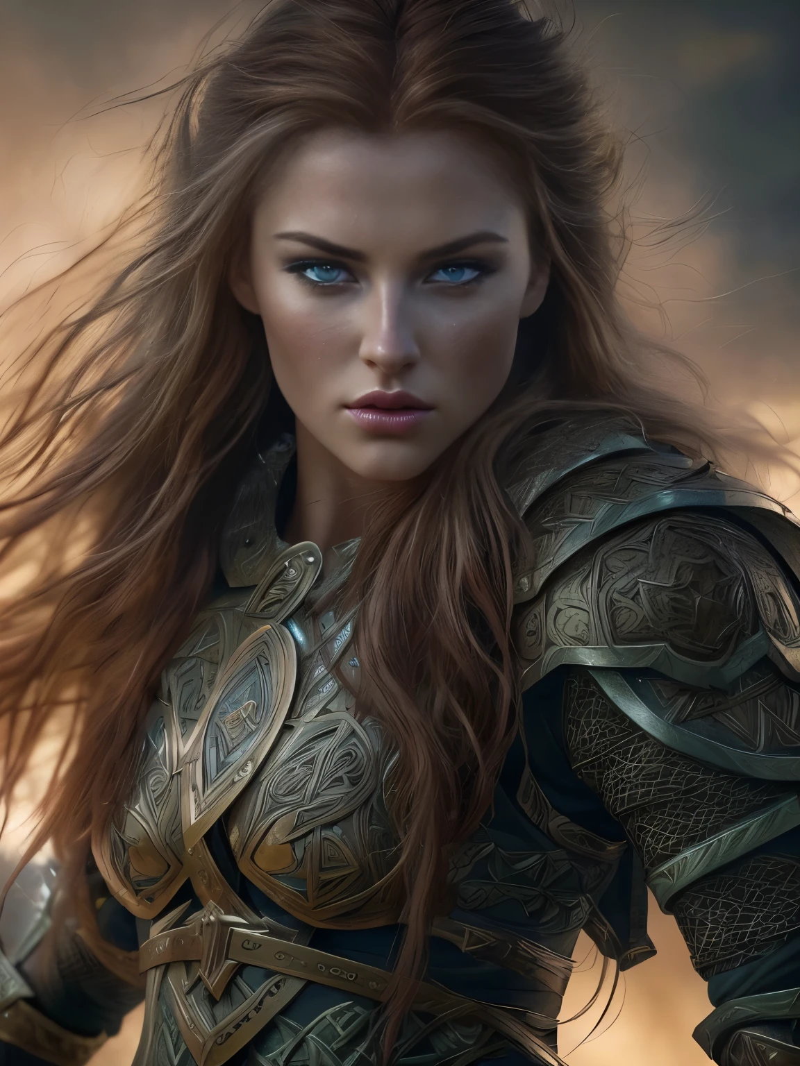 a gorgeous young european woman, celtic warrior, in battle, detailed face with beautiful eyes, nose, and lips, flowing hair, detailed armor and weapons, ultra realistic, 4k, photorealistic, cinematic lighting, dramatic shadows, dynamic action pose, epic fantasy landscape background, moody colors, dramatic lighting