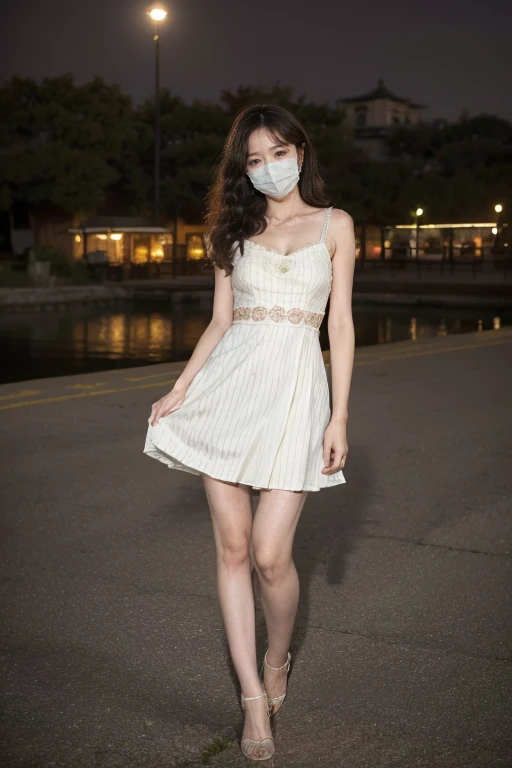 ((original photography:1.2)),RAW photos,Night view of Beijing,1 Girl, Perfect body,Full body portrait,stylish hair, Very curly hair, delicate eyes, Side Light, Sweating,With a mask, charming collarbone