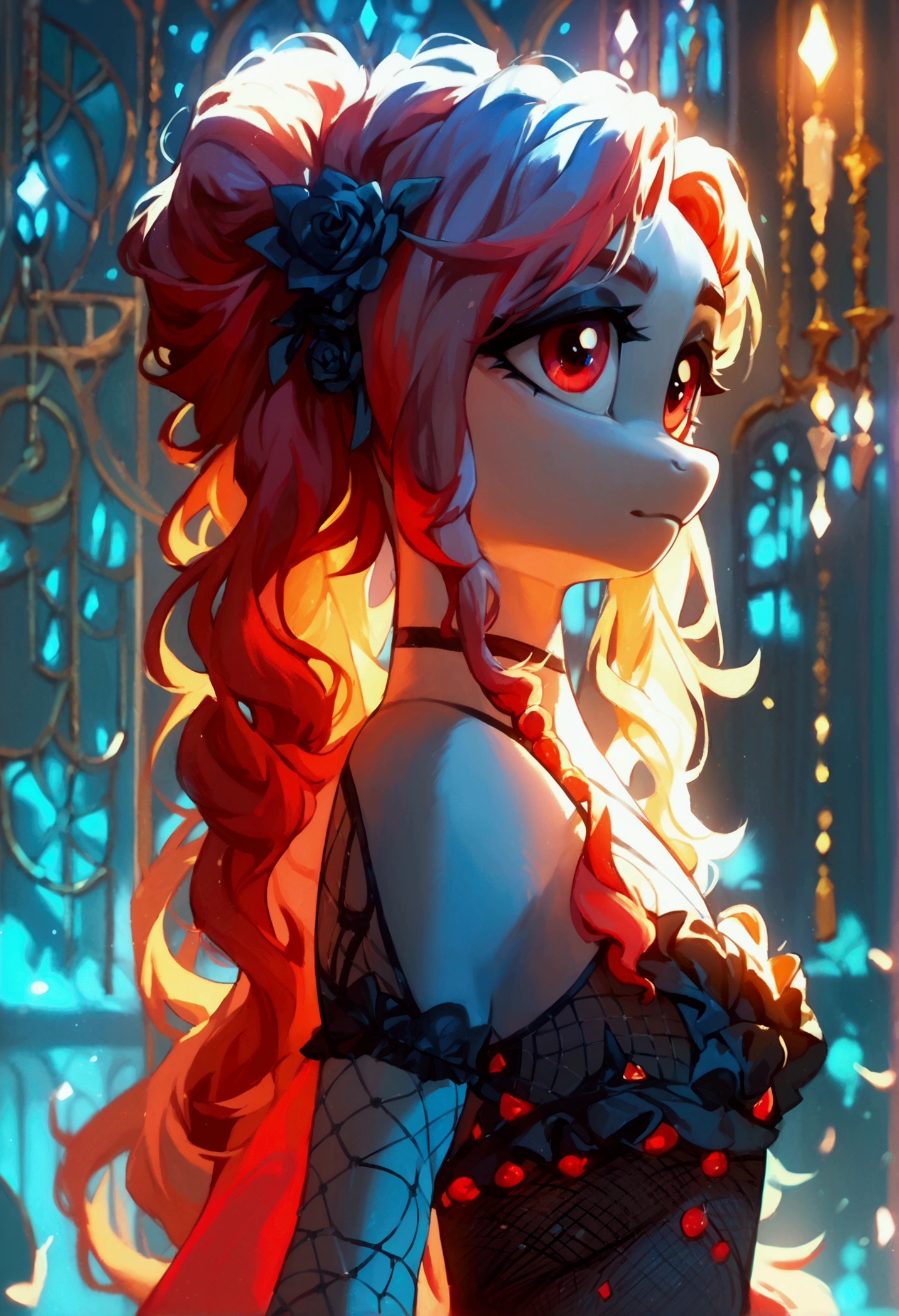 score_9,score_8_up,score_7_up,score_6_up, ((my little pony)), radiant lighting, vibrant colors, whimsical atmosphere, 8K, high resolution, highly detailed, masterpiece, white body, goth style, very long red hair, red eyes, fishnet stockings, dress