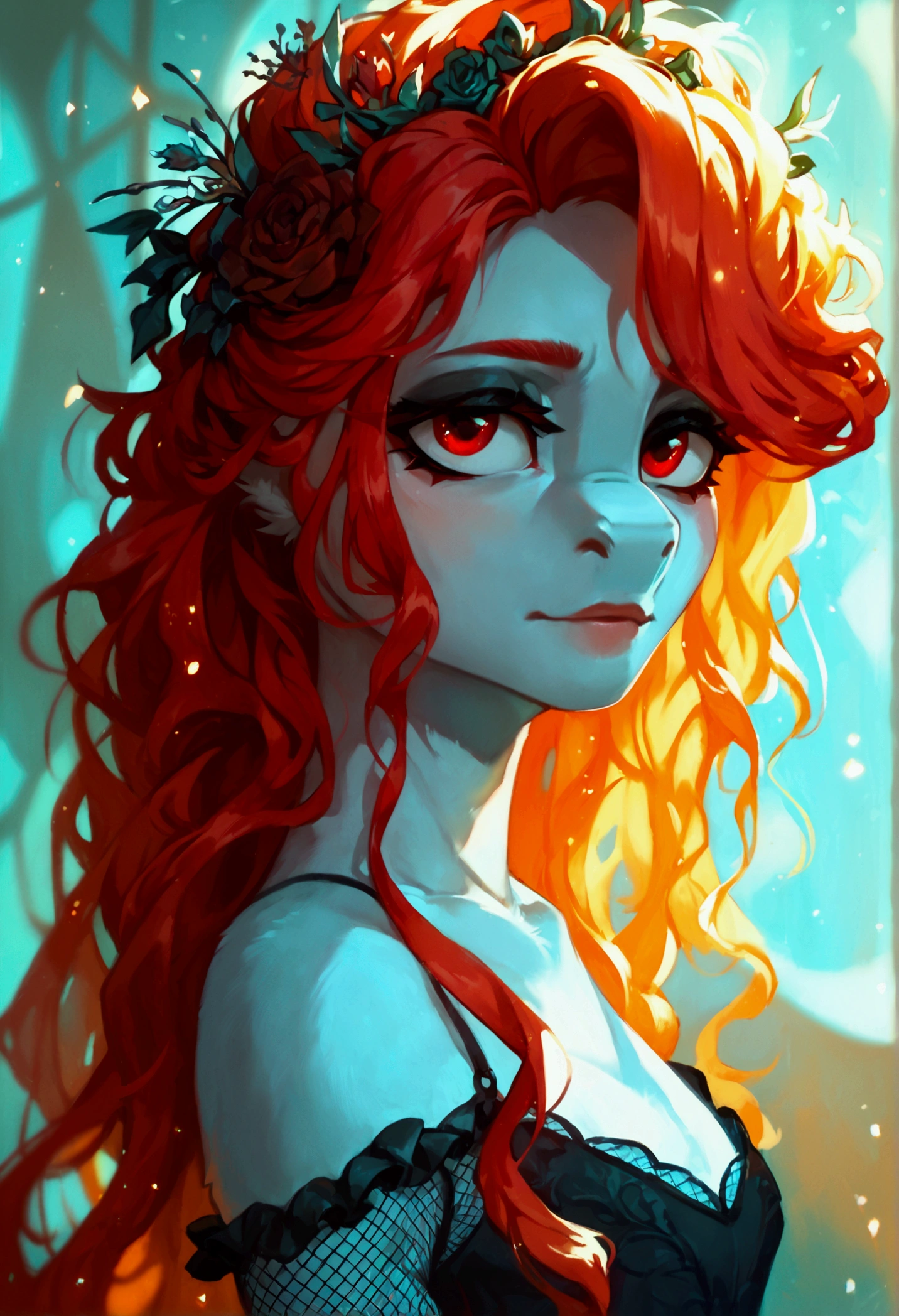 score_9,score_8_up,score_7_up,score_6_up, ((my little pony)), radiant lighting, vibrant colors, whimsical atmosphere, 8K, high resolution, highly detailed, masterpiece, white body, goth style, very long red hair, red eyes, fishnet stockings, dress