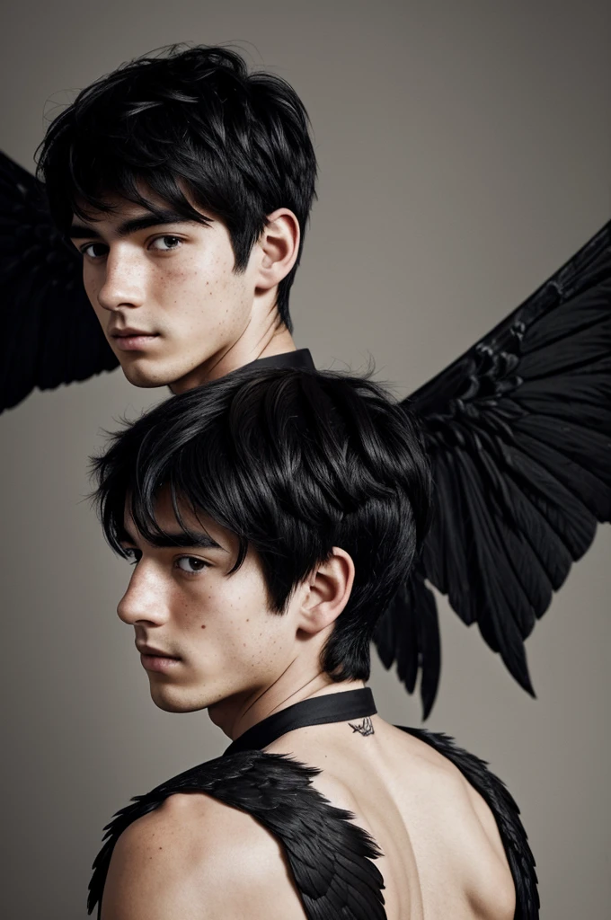 A dark-haired boy with freckles with black and white hair just like his wings on his back and head. 