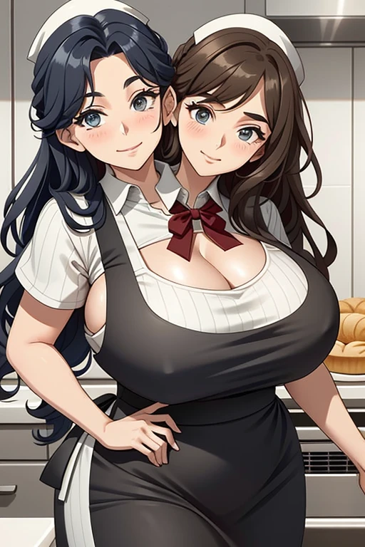 2heads, a tall fat woman with 2 heads. She is in a kitchen, standing behind a countertop She is wearing an apron, deep cleavage. She is wearing a bandana to push her hair back. She has long curly brown hair. She is very tall and mature. She is baking a pastry. Her apron is dirty. She is happy and smiling. She is messy from baking.