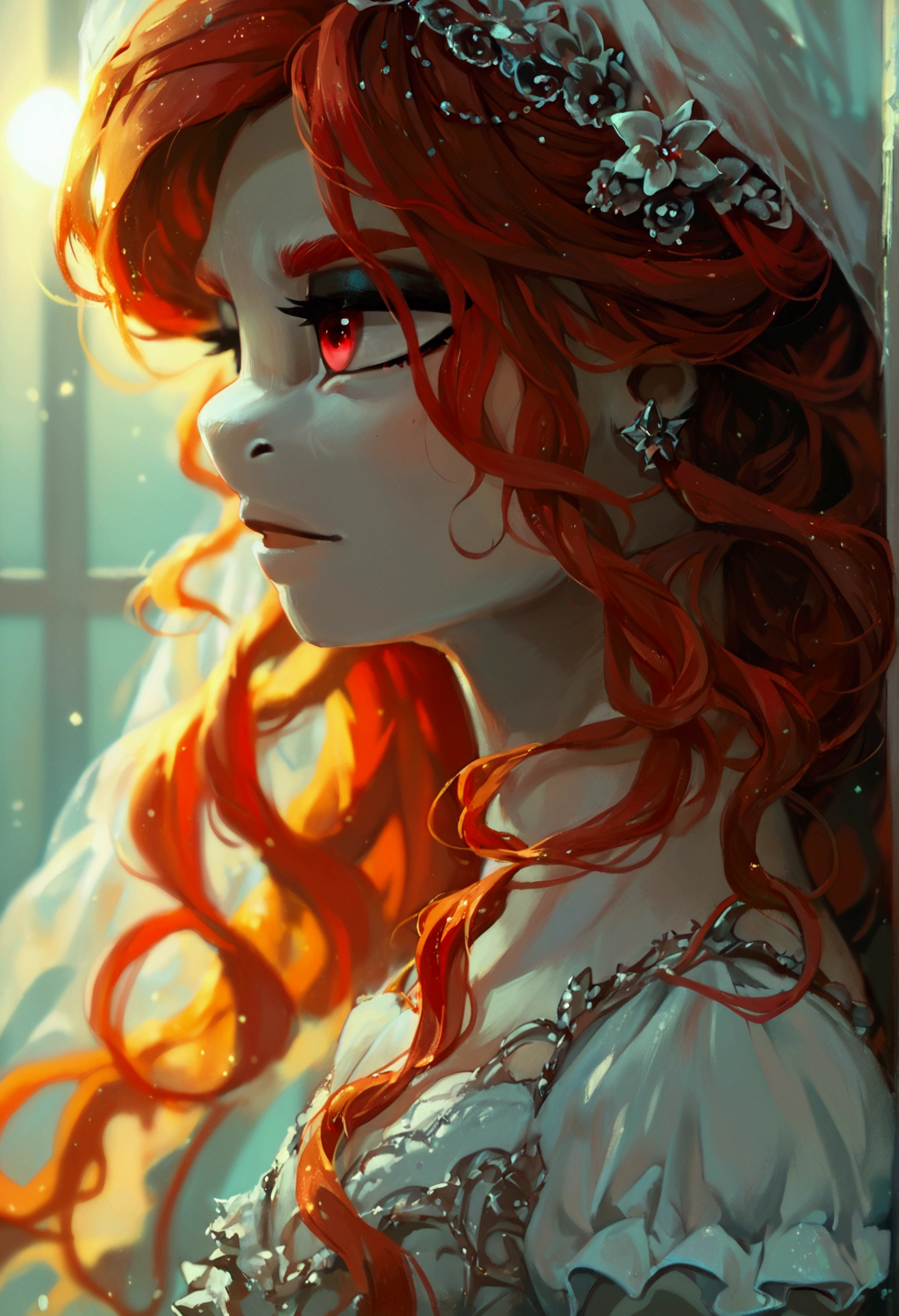 score_9,score_8_up,score_7_up,score_6_up, ((my little pony)), radiant lighting, vibrant colors, whimsical atmosphere, 8K, high resolution, highly detailed, masterpiece, white body, goth style, very long red hair, red eyes, fishnet stockings, dress