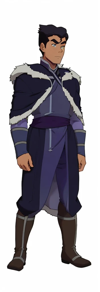 African-American, Bolin, water tribe traditional clothing mixed of blue and purple, with fur in shoulders and neck. Long sleeve, skinny, water tribe outfit. A dark blue or black high-collared sleeveless robe or tunic
A purple tabard or overtunic with lighter purple trim
A white fur-trimmed cape or cloak over the shoulders, fastened with a metal clasp
Black pants or leggings
Black boots that come up to just below the knee
A dark wristband or bracelet on one wrist
The character has dark skin, short black hair, and a serious expression. The outfit appears to be a mix of formal and practical styles, possibly indicating a character of some authority or importance in an animated series or film. The color scheme is primarily dark blues, purples, and black, with the white fur trim providing contrast.