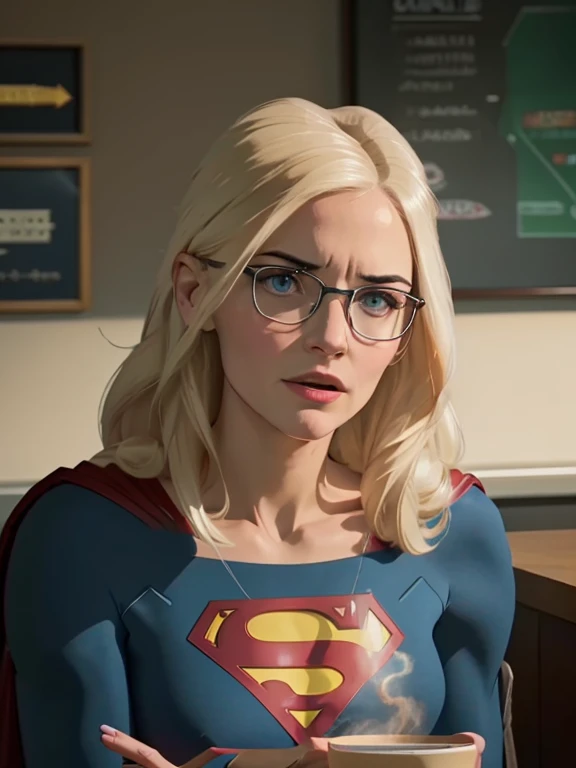 Create an image of Supergirl in her civilian identity as Kara Danvers, perhaps at a coffee shop or working at CatCo Worldwide Media, with subtle hints of her superhero persona. Beautiful detailed eyes 