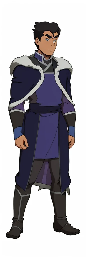 African-American, Bolin, water tribe traditional clothing mixed of blue and purple, with fur in shoulders and neck. Long sleeve, skinny, water tribe outfit. A dark blue or black high-collared sleeveless robe or tunic
A purple tabard or overtunic with lighter purple trim
A white fur-trimmed cape or cloak over the shoulders, fastened with a metal clasp
Black pants or leggings
Black boots that come up to just below the knee
A dark wristband or bracelet on one wrist
The character has dark skin, short black hair, and a serious expression. The outfit appears to be a mix of formal and practical styles, possibly indicating a character of some authority or importance in an animated series or film. The color scheme is primarily dark blues, purples, and black, with the white fur trim providing contrast.