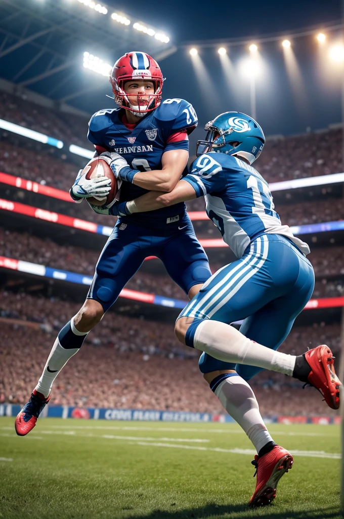Create a vibrant and dynamic image of two football teams playing in a packed stadium. One team wears blue uniforms and the other, reds. Capture the intensity and emotion of the game, with players in action, fighting for the ball, while the crowd in the background vibrates with enthusiasm. Include details like the green lawn, the field lines, and the glow of the spotlights illuminating the scene."