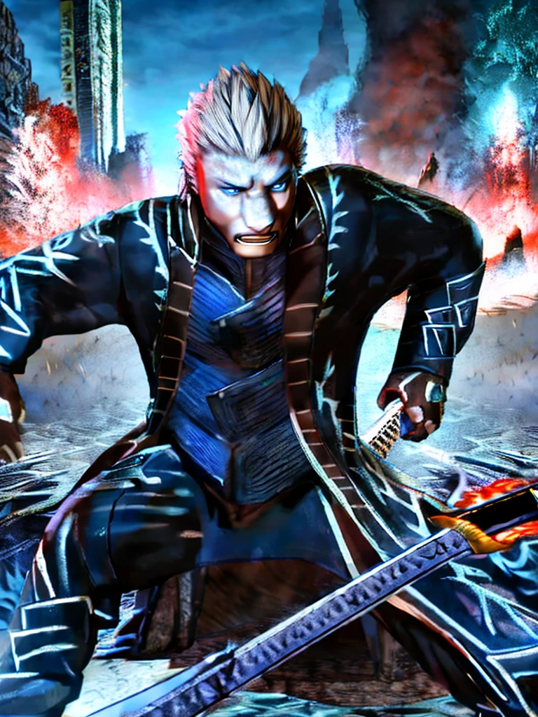 Vergil, blue clothing, robe, katana with white handle, devil may cry, white hair, slick back, blue eyes, cold stare, holding katana, detailed, realistic, dynamic pose, swinging katana, facing viewer, fight scene, running, detailed background, destroyed city, fire