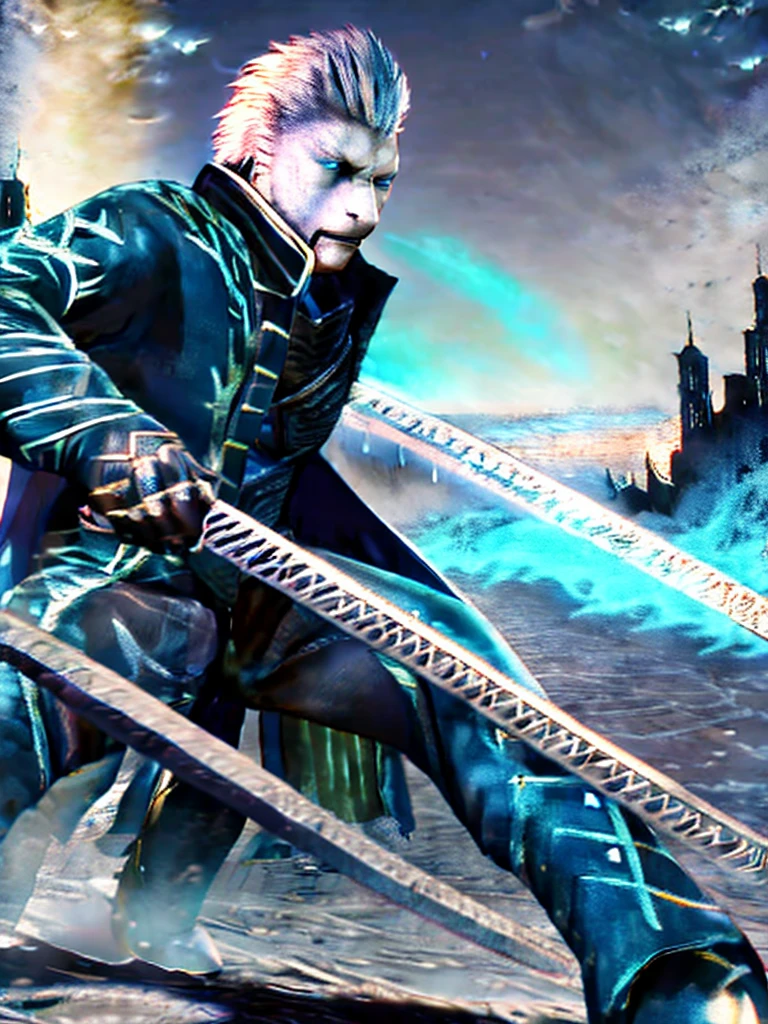 Vergil, blue clothing, robe, katana with white handle, devil may cry, white hair, slick back, blue eyes, cold stare, holding katana, detailed, realistic, dynamic pose, swinging katana, facing viewer, fight scene, running, detailed background, destroyed city, fire