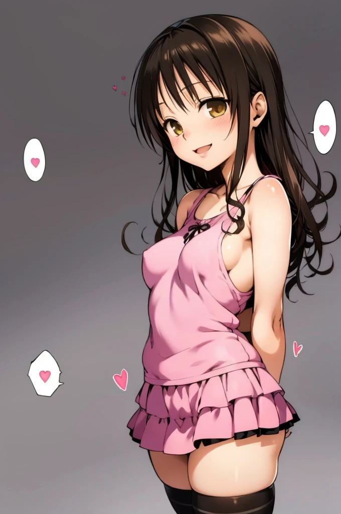 1girl,solo,yuuki mikan,, ,brown hair,, ,1girl,,,medium breasts,,open mouth,,cowboy shot,smile,(spoken heart),simple background,grey background,looking viewer,bare shoulder,micro skirt,cowboy shot,thighhighs,(lovey,cute),standing,panties,arms behind back,closed mouth,side boob