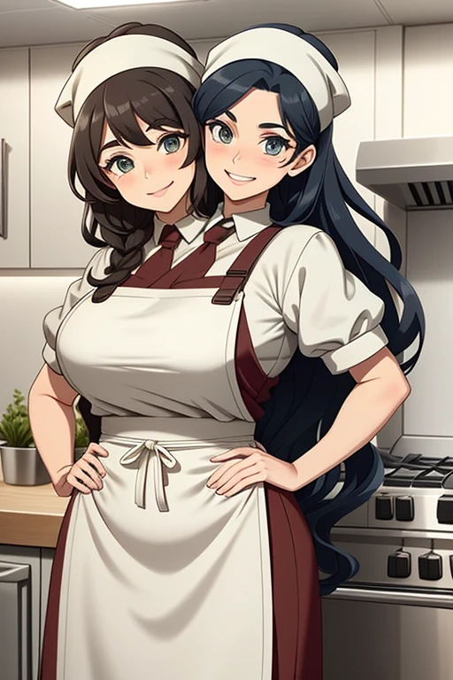 2heads, a tall fat woman with 2 heads. She is in a kitchen, standing in front of a countertop covered with baking materials. She is wearing an apron, deep cleavage. She is wearing a bow in her hair. She has long curly brown hair. She is very tall and mature. She is baking a pastry. Her apron is dirty. She is happy and smiling. She is messy from baking.