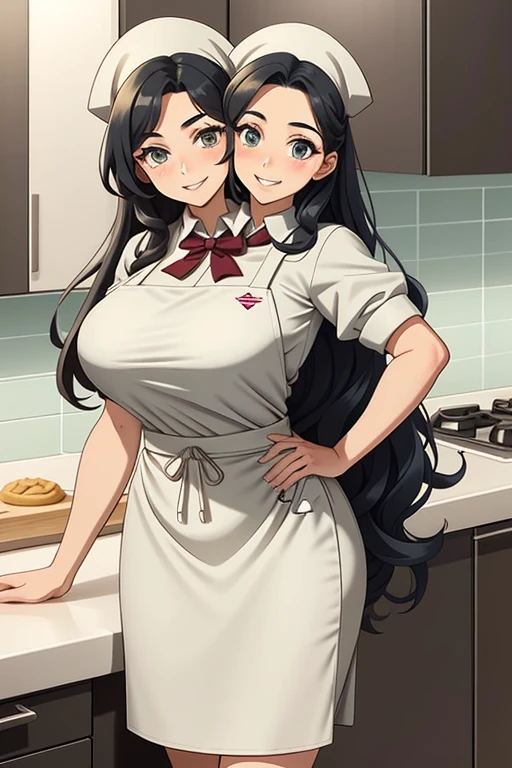 2heads, a tall fat woman with 2 heads. She is in a kitchen, standing in front of a countertop covered with baking materials. She is wearing an apron, deep cleavage. She is wearing a bow in her hair. She has long curly brown hair. She is very tall and mature. She is baking a pastry. Her apron is dirty. She is happy and smiling. She is messy from baking.