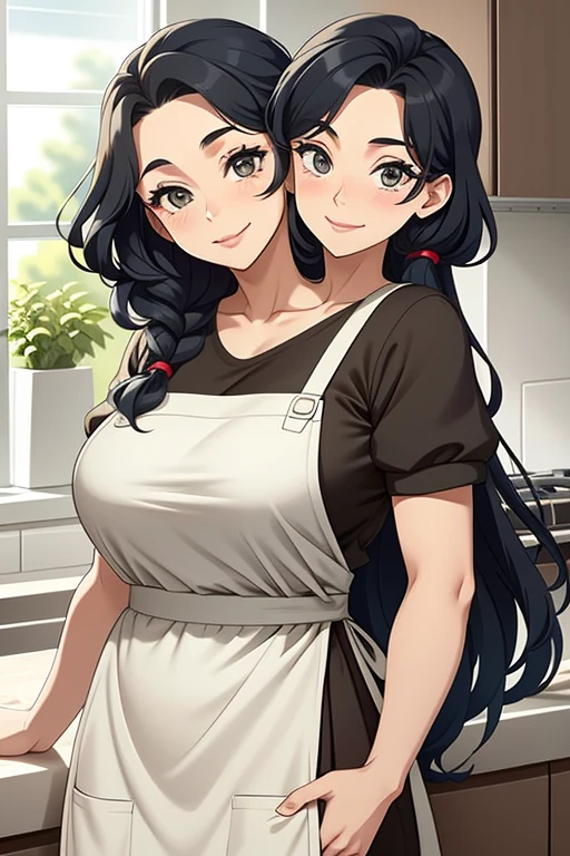 2heads, a tall fat woman with 2 heads. She is in a kitchen, standing behind a countertop She is wearing an apron. She is wearing a bandana to push her hair back. She has long curly brown hair. She is very tall and mature. She is baking a pastry. Her apron is dirty. She is happy and smiling. She is messy from baking.
