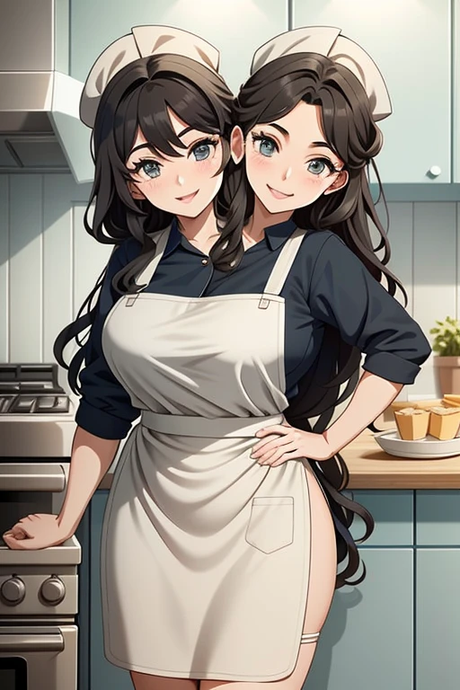 2heads, a tall fat woman with 2 heads. She is in a kitchen, standing behind a countertop  She is wearing an apron. She is wearing a bandana to push her hair back. She has long curly brown hair. She is very tall and mature. She is baking a pastry. Her apron is dirty. She is happy and smiling. She is messy from baking. 