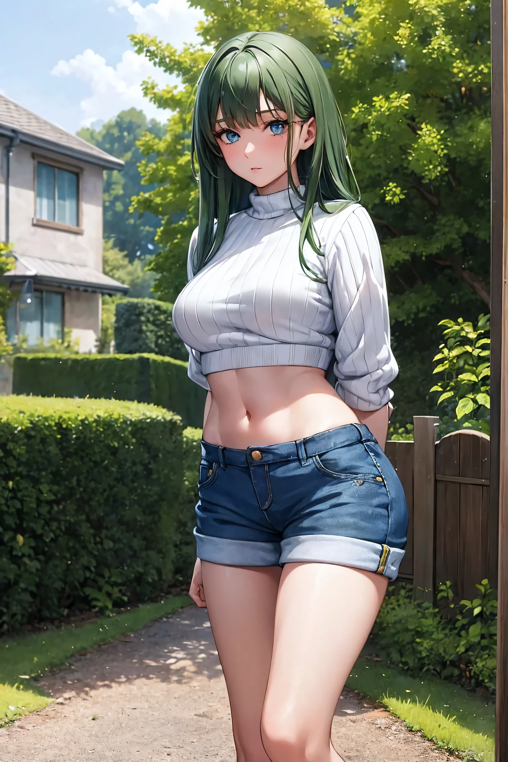 Masterpiece,stunning realistic, best quality, sharpness, 1 girl,16 years old,middle long hair,(green hair:1),(messy hair:1),dark blue eyes,(arms behind back:1),standing in a garden,cropped knitted sweater,dolphin shorts,middle large breasts,sixpack,small waist