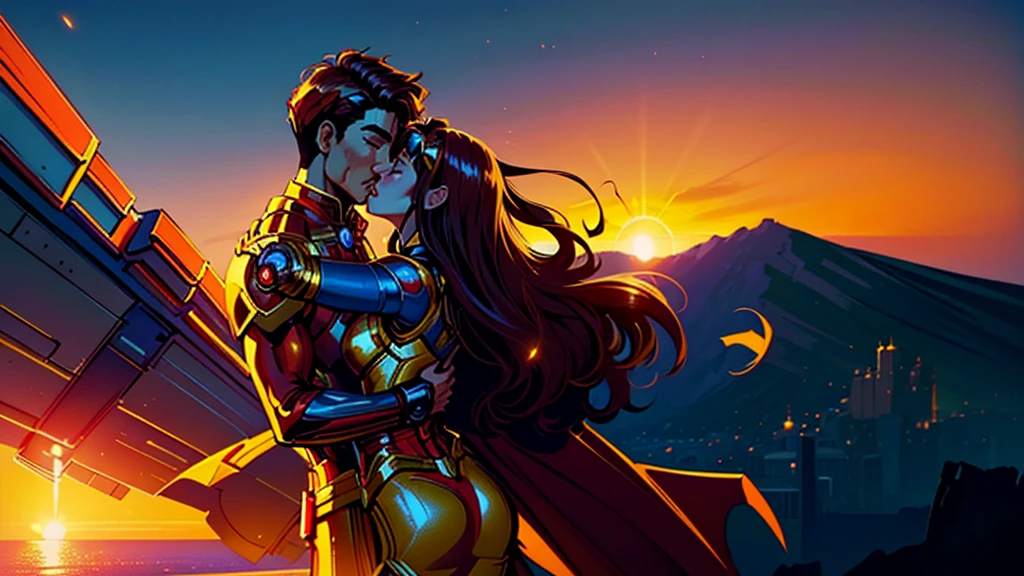 Imagine Iron Man and Wonder Woman in a tender moment, In a stunning setting. iron Man, with your shining armor, Gently wraps Wonder Woman in his arms as they share a passionate kiss. Ao fundo, the sun sets in golden tones and the sky is dyed with vibrant colors, creating a striking contrast with the powerful figure of the heroes