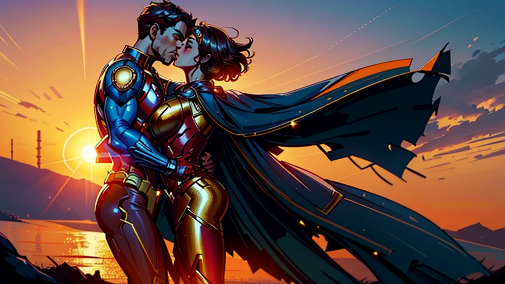 Imagine Iron Man and Wonder Woman in a tender moment, In a stunning setting. iron Man, with your shining armor, Gently wraps Wonder Woman in his arms as they share a passionate kiss. Ao fundo, the sun sets in golden tones and the sky is dyed with vibrant colors, creating a striking contrast with the powerful figure of the heroes