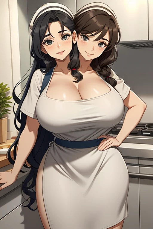 2heads, a tall fat woman with 2 heads. She is in a kitchen, standing behind a countertop She is wearing an apron, deep cleavage. She is wearing a bandana to push her hair back. She has long curly brown hair. She is very tall and mature. She is baking a pastry. Her apron is dirty. She is happy and smiling. She is messy from baking. Hard nipples.