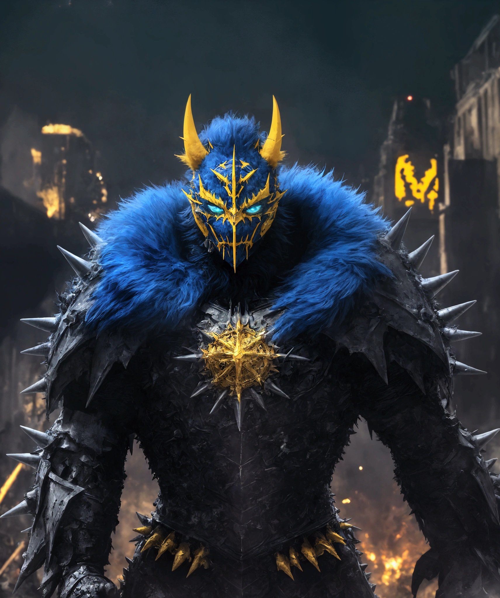 (extremely detailed 8k wallpaper), a medium shot photo of Grim dressed as a scary masked yellow and blue furry-supervillain in a yellow and blue spiked armour made of fur glowing armour with spikes from marvel, theme, intricate, high detail, dramatic, furry monster and destroyed buildings in the background