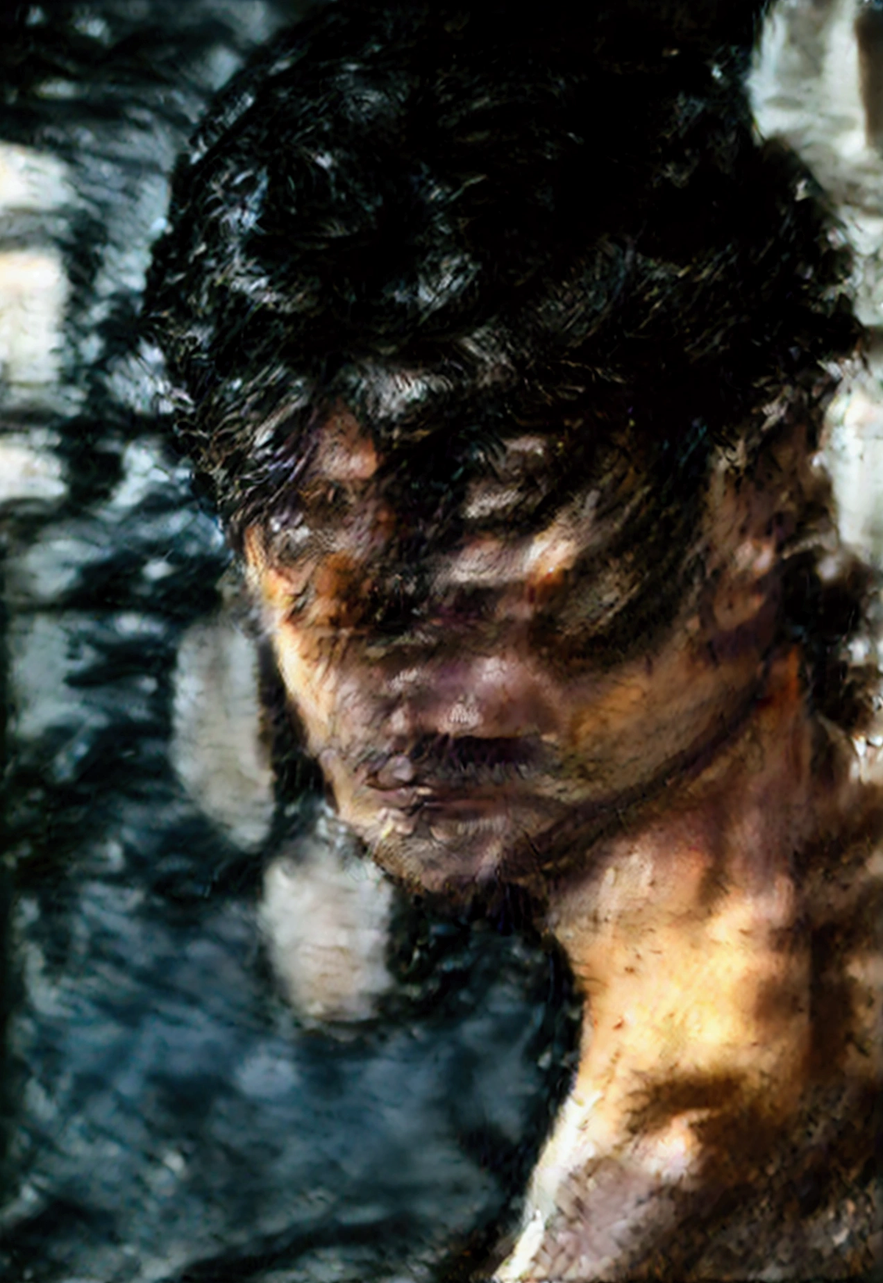 beautiful man with medium black hair and no beard on his back, he is naked, in the background a dark and dark environment with studio lights, in a sexy pose, gay man, sensual